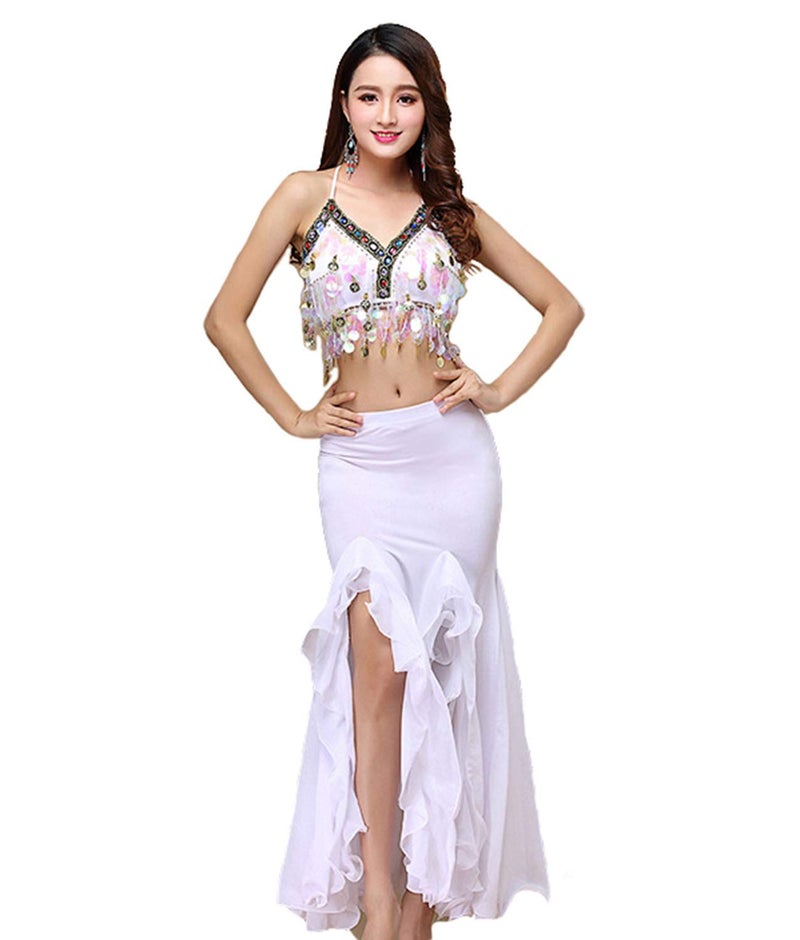 ORIDOOR Women's Belly Dance Dress Set - Bra Top, Waist Belt & Chiffon Skirt - White - Image 2